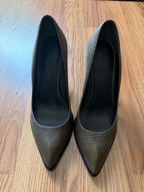 AllSaints Pointed-Toe Leather Pumps in Olive